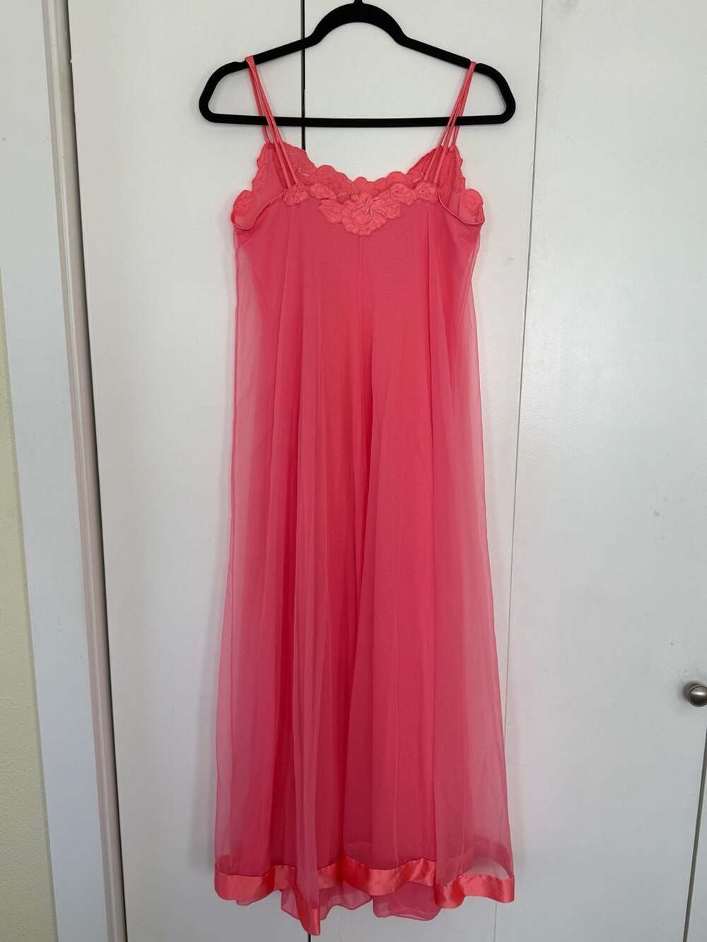Vintage Pink Chiffon Floral Lace Trim Long Maxi Nightgown - Picture 5 of 6